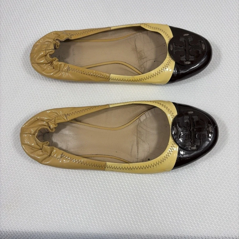 TORY BURCH Women's 7.5‎ - Beige & brown patent leather ballet flats shoes MINNIE